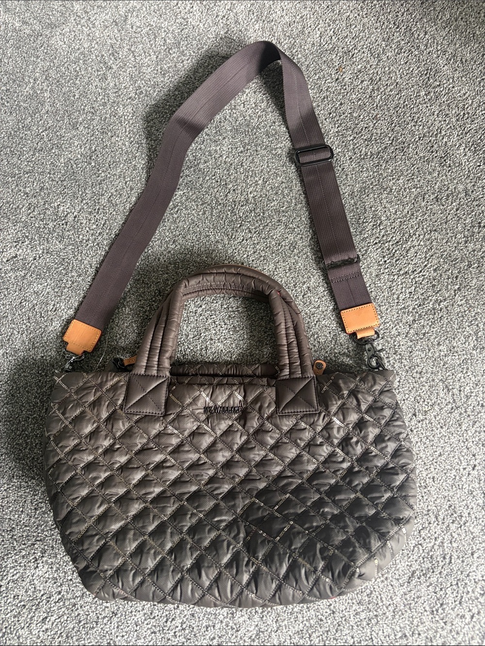 MZ WALLACE Quilted Nylon Satchel in Dark Taupe with Sequin Detail